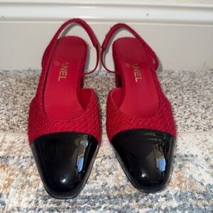 CHANEL Red and Black Heels